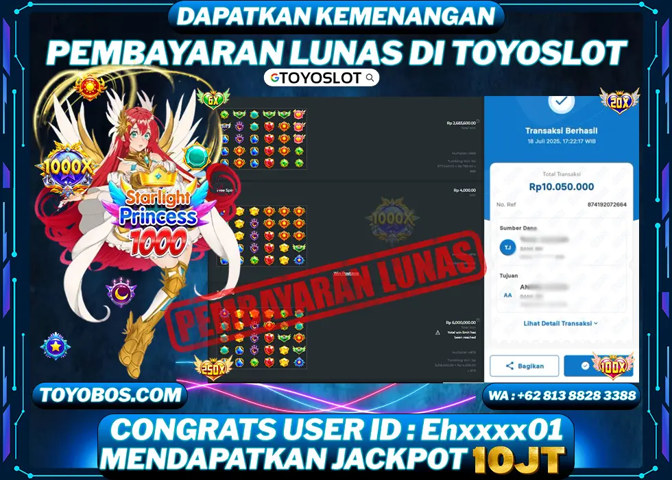 TOYOSLOT - BUKTI KEMENANGAN Starlight Princess 1000 Rp10,050,000,- LUNAS